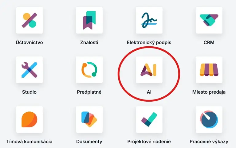 Ikonky odoo aplikácii, medzi ktorými je zakrúžkovaná ikonka AI