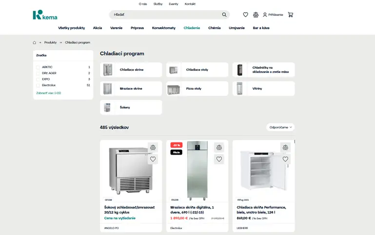 Ukážka stránky kategórie e-shopu kema.sk, kde bola použitá headless platforma Inodeo.